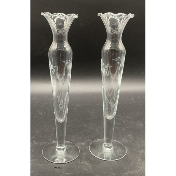 Vintage Princess House Etched Heritage Floral Pair of Bud Vases 10"H No Flaws - Picture 2 of 5